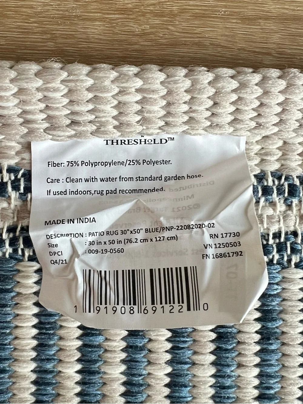 NWOT Threshold Patio Rug 30”x50”